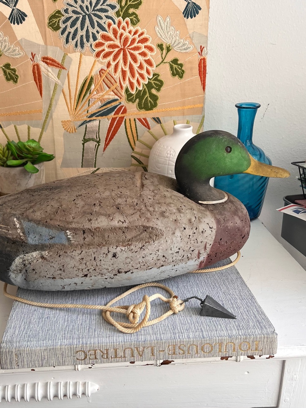 Vintage cork mallard duck decoy with original anchor weight rustic folk art